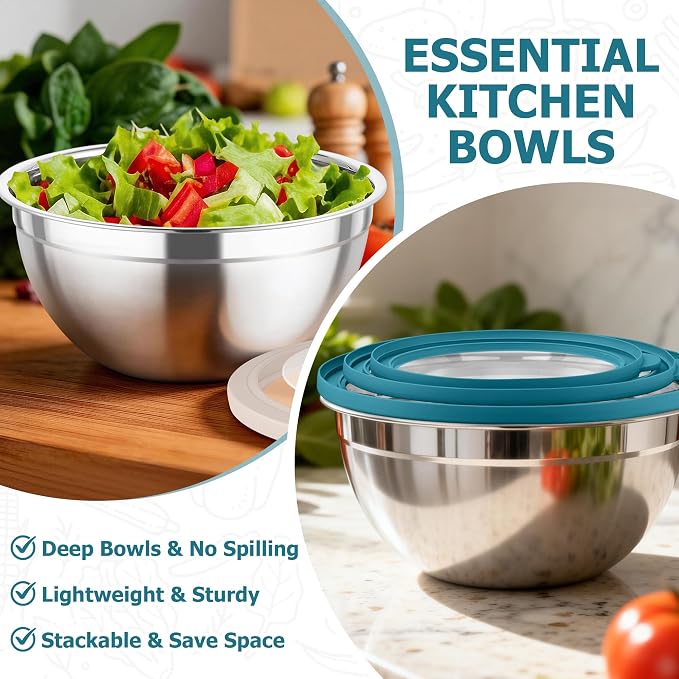 TeamFar Mixing Bowl Set, 4.5/3/1.5 QT Stainless Steel Nesting Salad Bowls with Airtight Lids, For Serving/Mixing/Storing/Prepping, Non-Toxic & Sturdy, Visible & Easy Clean, Dark Blue, Set of 3