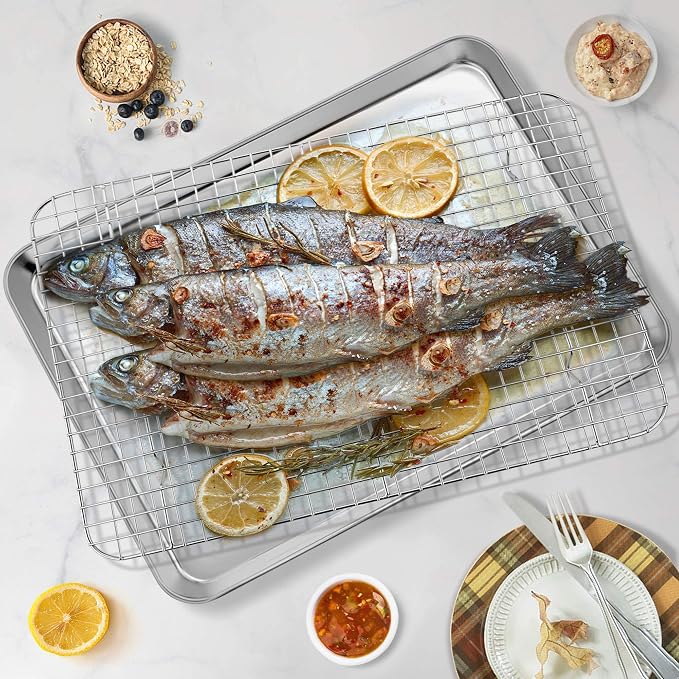 P&P CHEF 17.5 Inch Baking Sheet Pan and Cooking Rack - 2 Pieces | 1x Cookie Sheet + 1x Grid Rack, Stainless Steel Oven Tray with Wire Rack for Oven Baking, Healthy & Sturdy & Easy to Clean