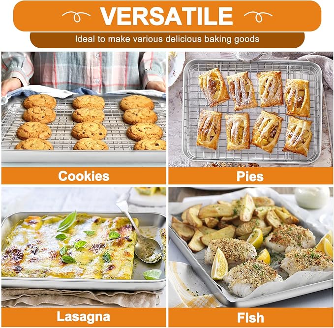 TeamFar Baking Sheet with Rack, Stainless Steel Sheet Pan-16/12.5/10.5 Inch | Cookie Sheets Baking Trays and Cooling Racks for Cooking, Non-Toxic & Heavy Duty, Dishwasher Safe, 6 PCS (3 Pans + 3 Racks)