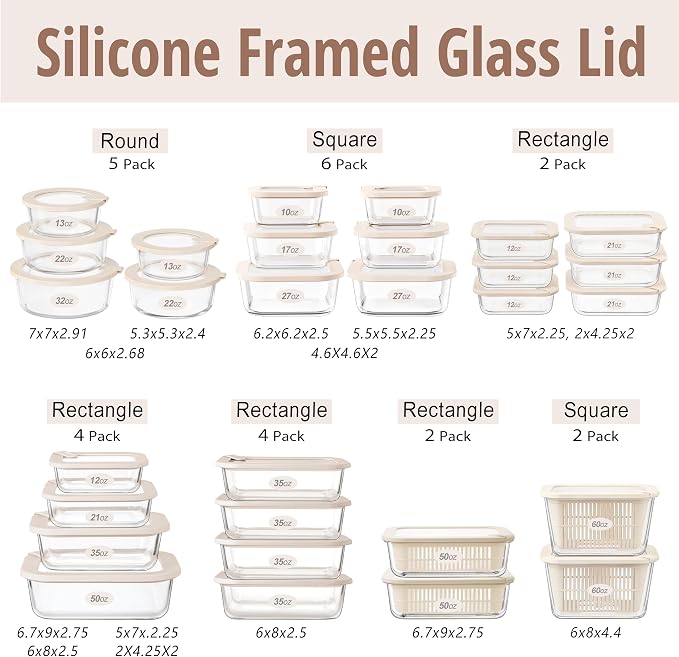 Glass Food Storage Containers with Glass Lids, Microwave Safe Food Container Set, Aitight Meal Prep Container Set, LeakProof, 100% Plastic Free, 6 Pack