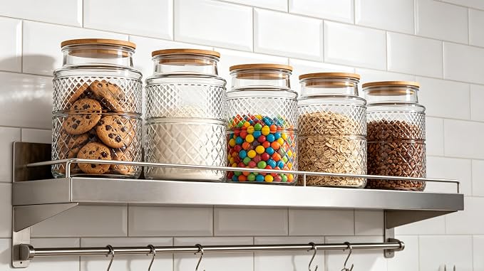 60 FL OZ/0.5 Gal Vintage Glass Storage Jar with Airtight Lid Set of 2 | Kitchen Pantry Thick Glass Container for Flour Sugar Cookie Coffee Laundry Pods, Wide Mouth Opening and Airtight Bamboo lid