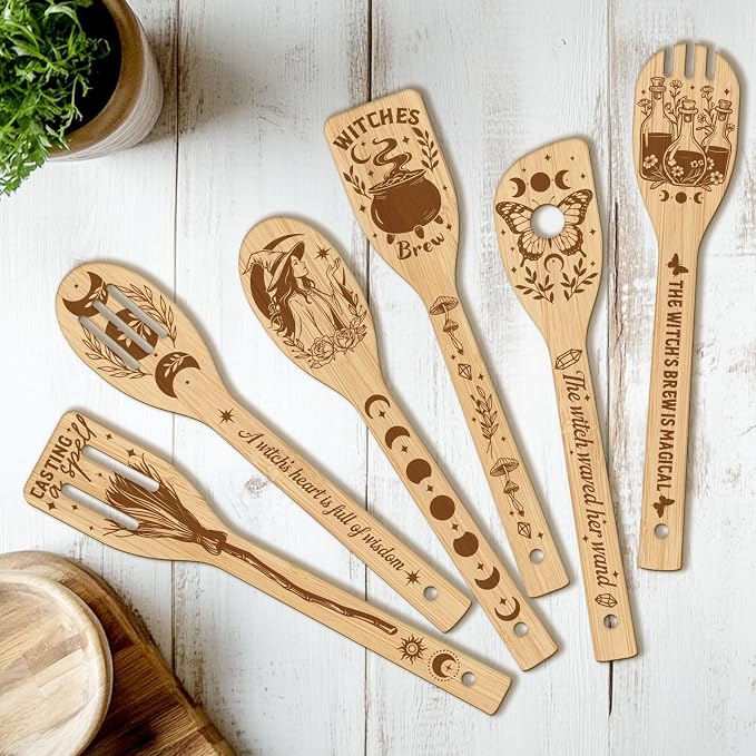CUTHOLLOW 6PCS Magic Witch Wooden Kitchen Cooking Utensil Set, 11.9in Non Toxic Bamboo Wood Spoon Set for Cooking, Best Housewarming Halloween Decor Gift for Women Mother