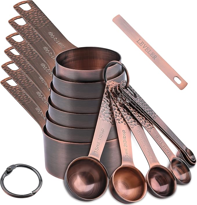 Copper Measuring Cups and Spoons Set, Stainless Steel Copper Plated 6 Metric & US Measuring Cups & 7 Spoons with Leveler for Baking & Kitchen