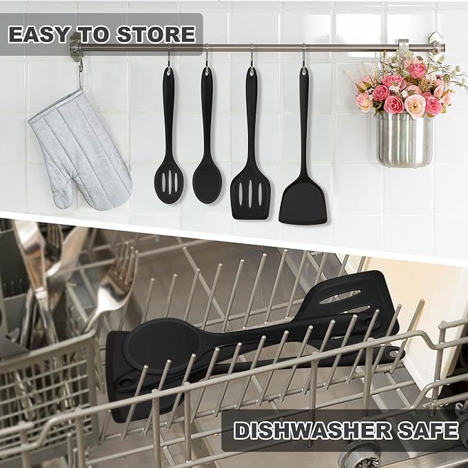 TeamFar Silicone Cooking Utensils Set, 5-Piece Heat Resistant Kitchen Utensils Set, Nonstick Slotted Solid Spoon Turner Pasta Server for Frying, Serving, Mixing, Non-Toxic & Dishwasher Safe, Black