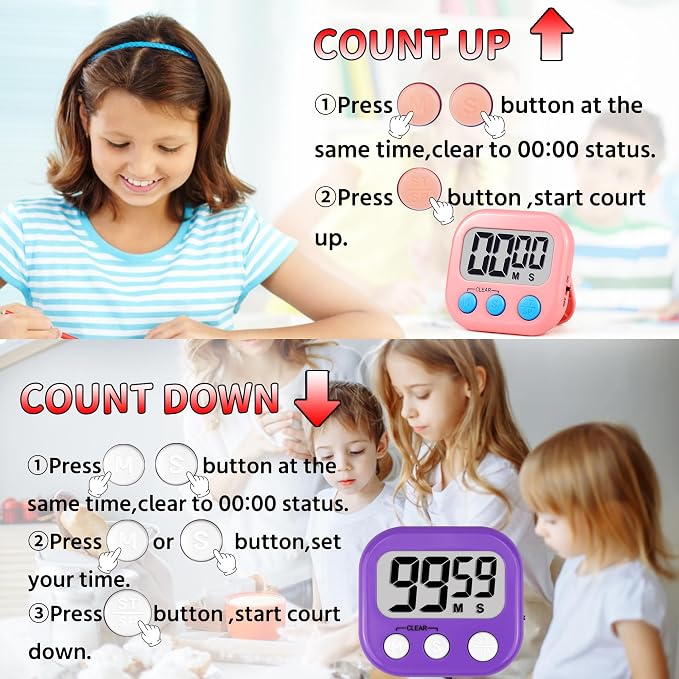 Timer for Kids Teachers Supplies Digital Kitchen Timers for Cooking Large Magnetic Classroom Timer 2Pack-Pink Purple