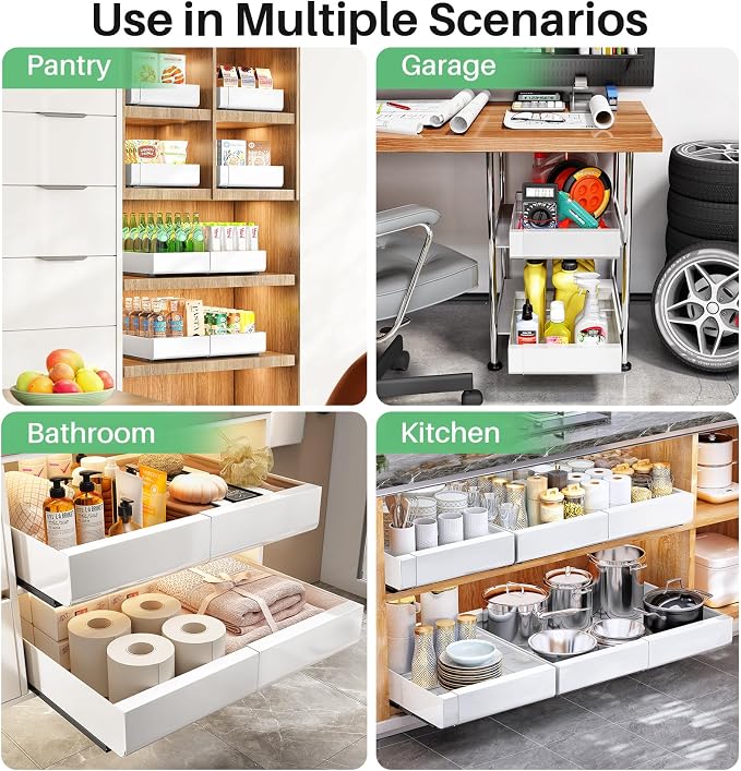 Pull out Cabinet Organizer, 2-pack, Expandable(12"-20") Heavy Duty Slide out Drawers Fixed with Adhesive Nano Film for Pots, Roll out Shelf Storage for Kitchen Base Cabinet Organization(3 Rails)