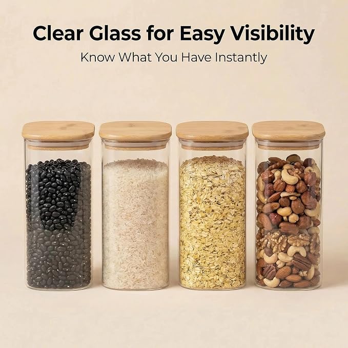 Airtight Glass Storage Containers with Lids 8 Pack, 25/37 /50oz Square Glass Jars with Bamboo Lids, Kitchen Canister Set for Pantry Organization Food Storage for Flour Sugar Rice Pasta Cereal
