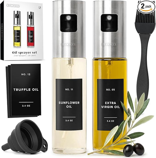 EDELHAUS Oil Sprayer Set of 2 – Oil Spray Bottle Made of Stainless Steel & Glass, for Healthy Cooking, Sprayer for Precise Dosage, for Cooking Oil & Vinegar Including 20 Labels, Funnel