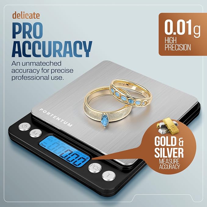 PORTENTUM Digital Kitchen Scale 500g/0.01g - Food or Mail, Electronic, Stainless Steel, Measuring Function for Liquid in ml and fl. oz., Precision Scale