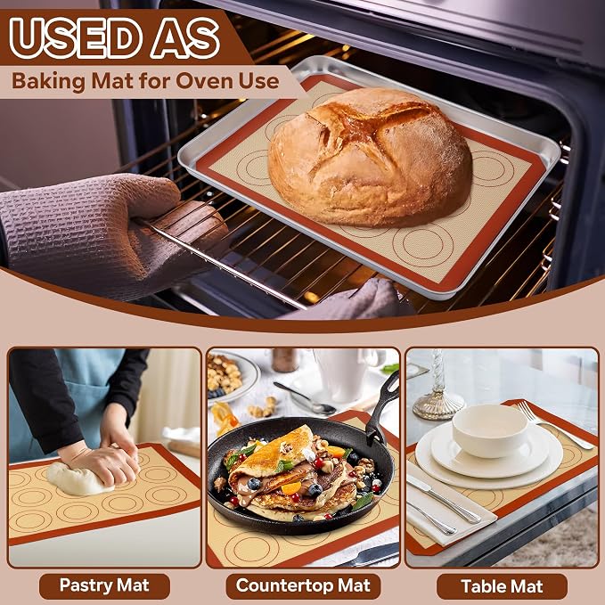 P&P CHEF 15 Inch Silicone Baking Mat, 2Pcs Non-stick Silicone Oven Mats | Reusable Baking Supplies for Macaroon Pastry Bread Dough Cookie Pizza, Good for Roasting Kneading, Fit Well with Sheet Pan