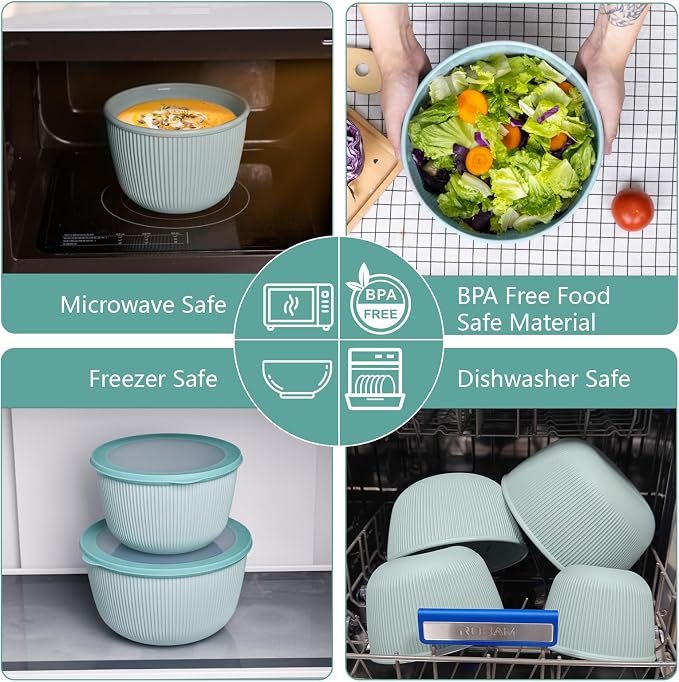 BoxedHome Mixing Bowls with Lids Set, 4.97 Quarts | BPA Free Plastic, Microwave Safe,Green