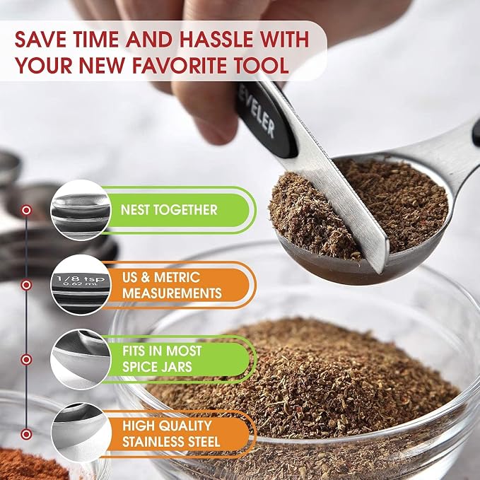 Magnetic Measuring Cups and Spoons Set, N52 Magnetic spoons Nesting Design, 304 Stainless Steel measuring cups, BPA Free, Dual-sided Design Set of 15 with Leveler for Dry & Liquid Ingredients Black