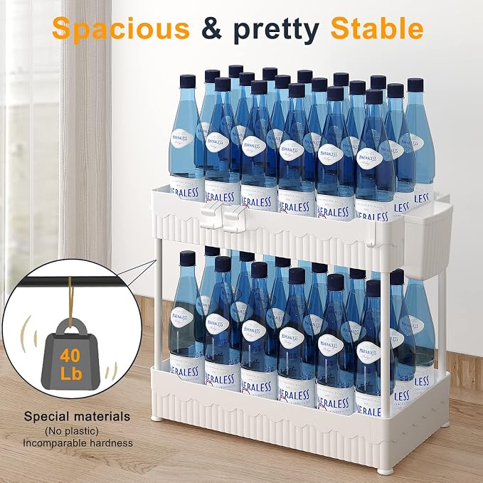2-Pack Under Sink Organizer with Hooks & Hanging Cup for Kitchen | Multi-use kitchen & bathroom storage, 14.8 inch white cabinet organizer, with hooks and hanging cup for easy access.