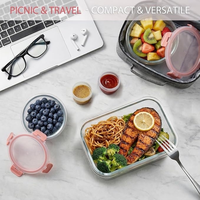 AMALEKO 42pcs Glass Food Storage Containers with Lids Set, 21 Containers & 21 Lids Glass Meal Prep Containers with Snap Locking Lid Set, Leak Proof Lunch Container BPA-Free,Pink