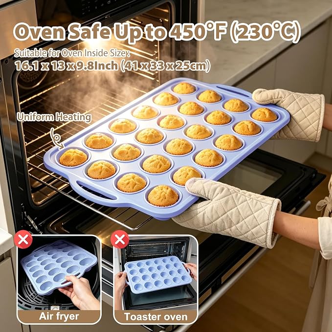 Blue Mini Silicone Cupcake Pan: 2 Pack 24 Small Cupcake Tin for Baking | Silicone Mini Cupcake Mold for Various Recipes - Trays with Metal Frame for Oven - for Home Bakers Vnray