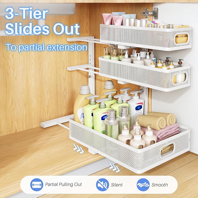 Under Sink Organizer, 3-Tier Thickened Metal Pull out Cabinet Organizer Shelf, Height Adjustable Slide out Storage Drawer Rack for Kitchen Bathroom Pantry Laundry Home Organization, 1-Pack, White | 35% Extra Storage Capacity, Carbon Steel, Hold Up 55lb...