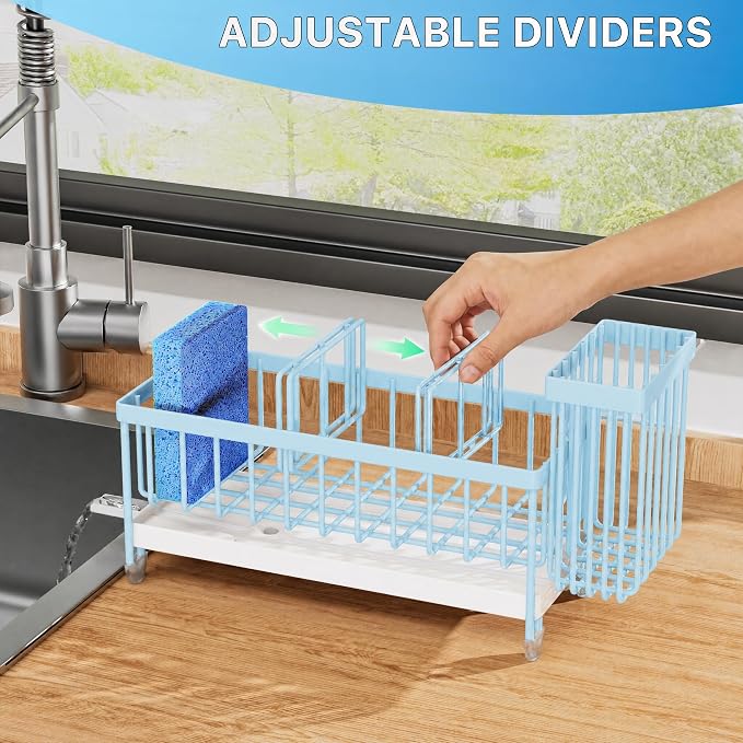 Cisily Sponge Holder for Kitchen Sink, Sink Caddy Organizer with High Brush Holder, Kitchen Countertop Organizers and Storage Essentials, Rustproof 304 Stainless Steel (Blue, 9.25″)