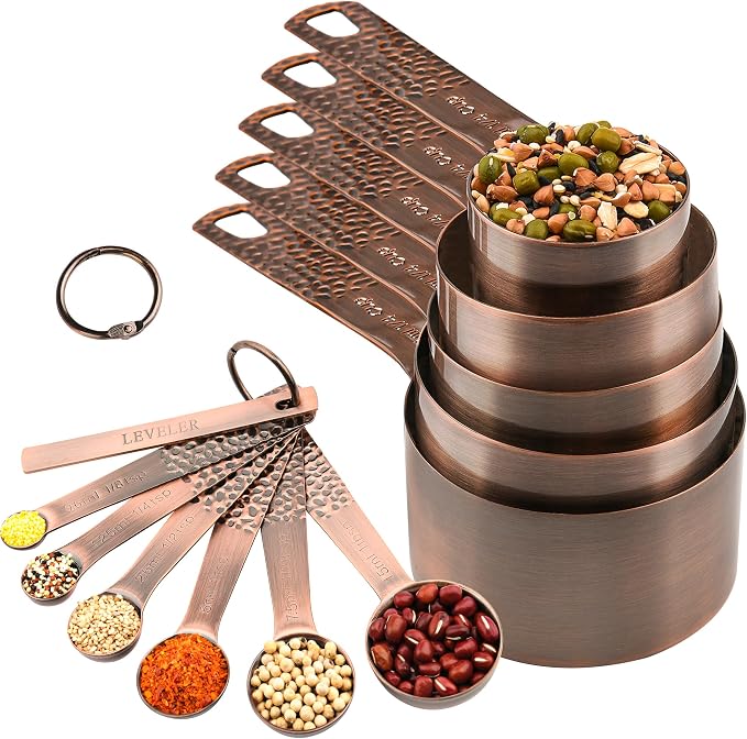 Copper Plated Measuring Cups and Spoons Set 14, Metrice & US Stainless Steel Measuring Cups and Spoons Set for Baking & Kitchen, 5 Measure Cups & 6 Measure Spoons & 1 Leveler & 2 Rings