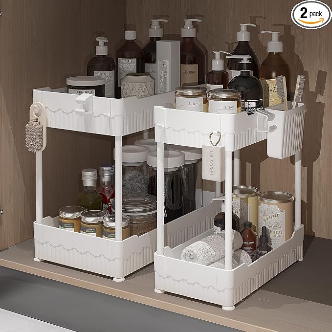 2-Pack Under Sink Organizer with Hooks & Hanging Cup for Kitchen | Multi-use kitchen & bathroom storage, 12.8 inch white cabinet organizer, with hooks and hanging cup for easy access.