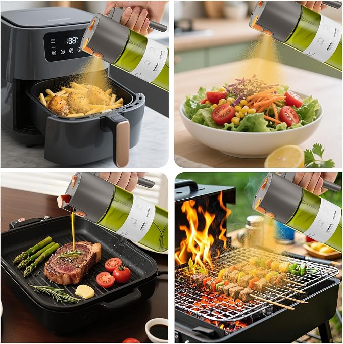 LAKUMIQI 2 in 1 Oil Sprayer for Cooking, 17oz | Light-Blocking Glass Spray Bottle with Stickers, Oil Dispenser for Salad, Air Fryer & BBQ