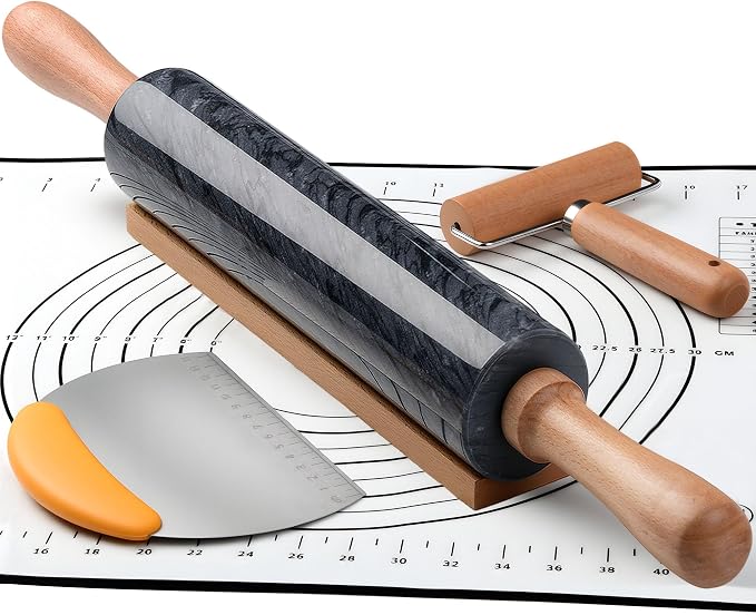 18.5 inches Marble Rolling Pin,Large Non-Stick Dough Roller,for making pizza, cookies,pie crusts, and pasta.with Silicone Pastry Mat,Stainless Steel Scraper,and Small Wooden Roller Pin(Black)