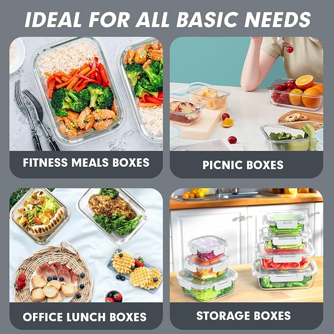 VERONES 30 Pieces Glass Food Storage Containers Set with Lids, White | Stackable Glass Meal Prep Containers Set with Lids, Airtight Lunch Containers, for Microwave, Oven, Freezer & Dishwasher