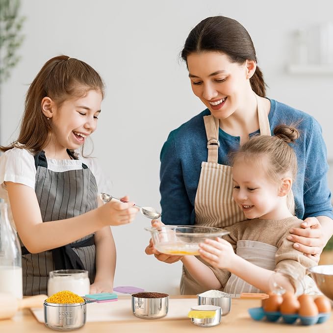 Stainless Steel Magnetic Measuring Cups and Spoons Set, 5 Nesting Magnetic Measuring Cup, 7 Magnetic Measuring Spoons, 1 Leveler for Liquid & Dry