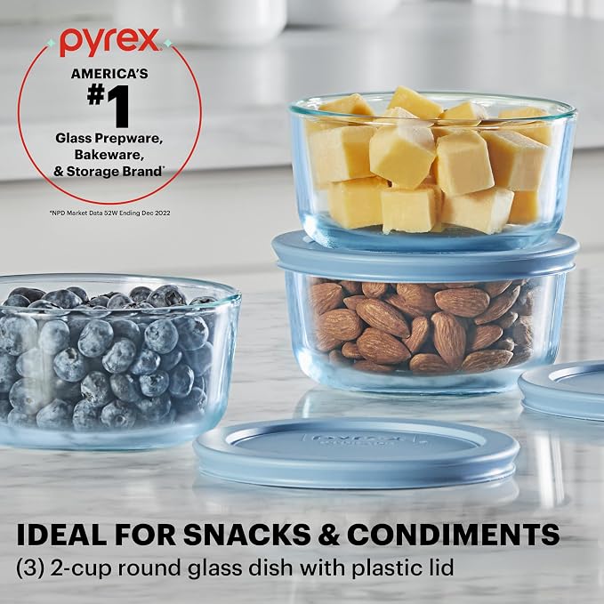 Pyrex Colors Tinted (6-PC SMALL) Small Round Food Storage Container Set, Snug Fit Non-Toxic Plastic BPA-Free Lids, Freezer Dishwasher Microwave Safe, 2 Cup (x3)
