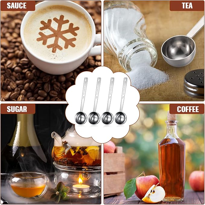 Geiserailie 4 Pcs 2 Tablespoon Scoops with Long Handle, 30 ml Stainless Steel Measuring Spoon for Coffee Milk Fruit Powder, Loose Tea Dry, Spice Jar, Cooking Baking, and Other Dry Goods