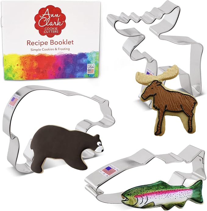 Ann Clark 3-Pc. Mountain Wildlife Cookie Cutter Set, Made in USA, Large Grizzly Bear, Moose and Fish
