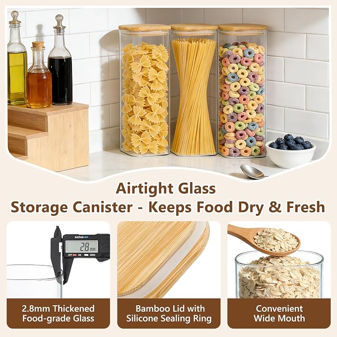 KEYWING 72oz Glass Spaghetti Pasta Storage Containers with Lids, 3 Pack | Tall Square Glass Canisters for Pantry Organization, Ideal for Flour, Cereal, Sugar, Beans and Various Dry Food Ingredients