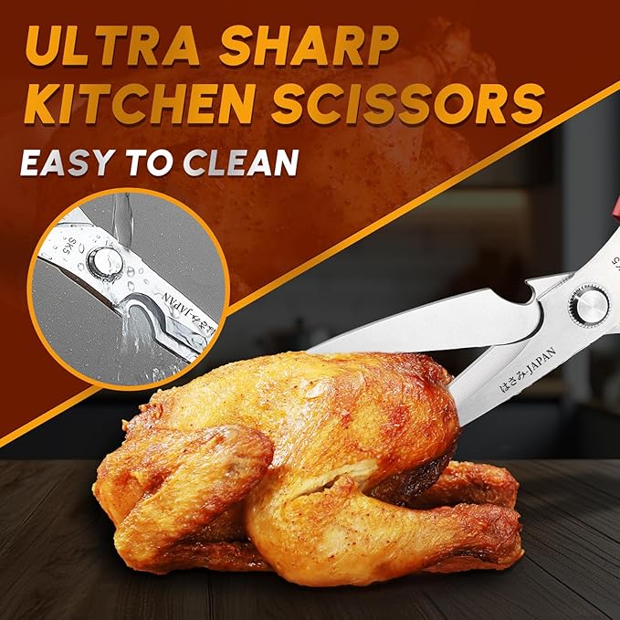 Kitchen Scissors Set Red - Japanese Kitchen Shears, Heavy Duty Poultry Shears, Sharp Meat Scissors for Food, Chicken Bones, and Turkey, Gifts for Women Men