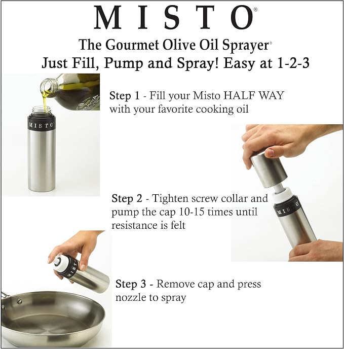 Misto Gourmet Olive Oil Sprayer, Satin Aluminum | Refillable, Non-Aerosol Pump Mister, For Cooking, Grilling, Salads and Baking, 1/3 Cup Capacity
