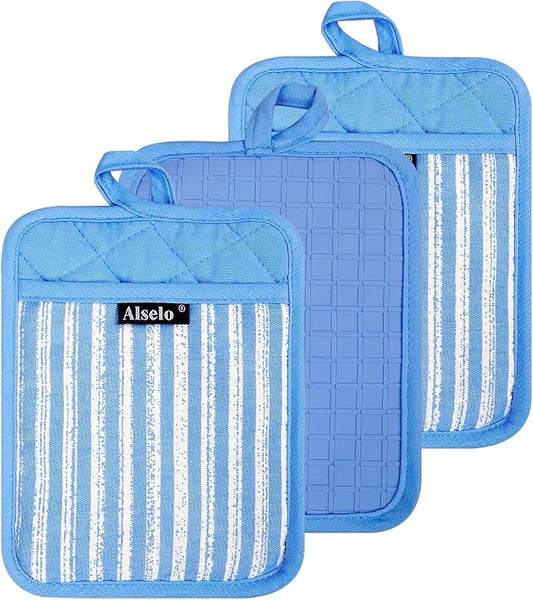 Alselo Silicone Pot Holders Set of 3 Heat Resistant & Non Slip Potholders, Professional Oven Hot Pads with Pockets Mitts for Kitchen Cooking Baking Barbecue (3, Blue)