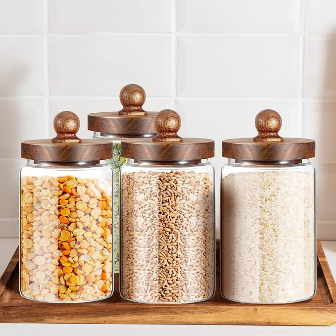 Gerrii 4 Pcs 32 oz Glass Food Storage Jar with Acacia Wood Lids Airtight Sealed Clear Glass Canisters Air Tight Glass Container Jar for Coffee Beans Nuts Loose Leaf Tea Sugar Spice Candy Rice Pasta
