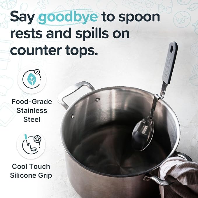 Souper Cubes + Lori Greiner No Mess Stainless Steel Cooking Spoon with Silicone Handle - Stainless Steel Serving Spoon No Mess Design Hooks on Side of Any Pot - Charcoal