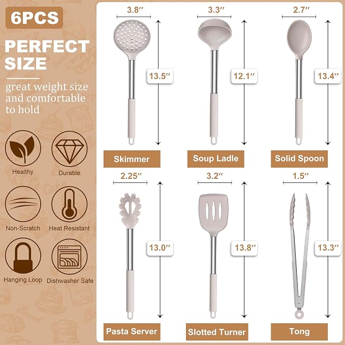 LIANYU Cooking Utensils Set of 6, Silicone Kitchen Utensils Set for Nonstick Cookware, Heat Resistant Kitchen Gadgets Tools, Includes Spatulas, Spoons, Tongs, Stainless Steel Handle, Khaki