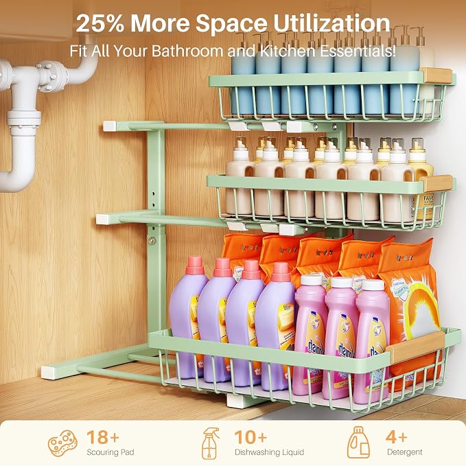 PXRACK Under Sink Organizer, 1-Pack 3-Tier Height Adjustable Thickened Metal Pull out Cabinet Organizer Shelf, Slide out Storage Drawer Rack for Bathroom Kitchen Pantry Home Organization, Green