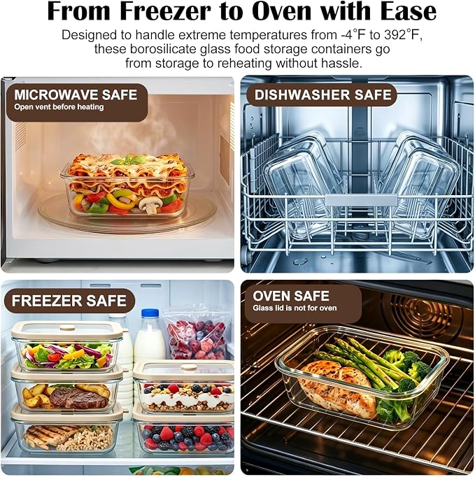 21 oz Glass Meal Prep Containers with Glass Lids, 6 Pack | Airtight Glass Glass Food Storage Containers, Non Toxic Glass Lunch Containers for Leftovers, Microwave, Oven, Freezer
