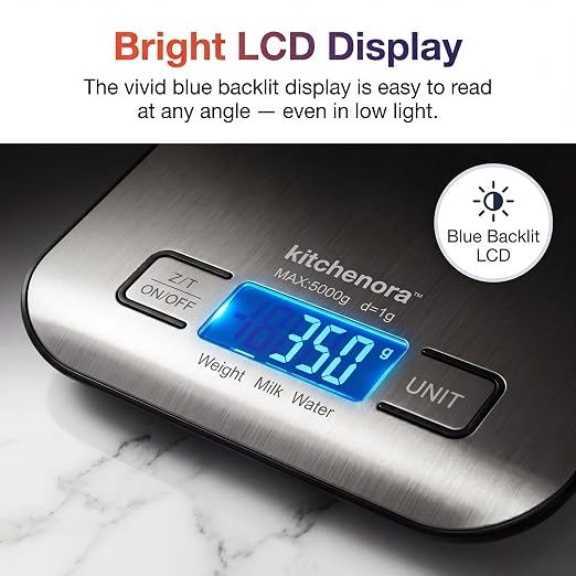 Digital Food Kitchen Scale, 11lb/5kg Capacity with 1g Precision, 5 Units (g/oz/lb:oz/ml/fl'oz), 304 Stainless Steel Surface, Backlit LCD, Tare Function for Cooking, Baking, Keto & Meal Prep