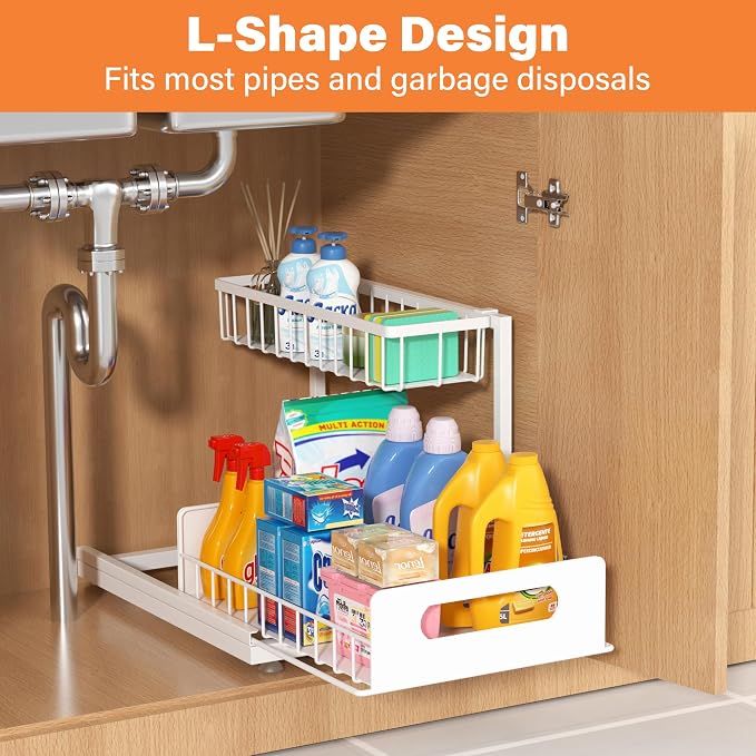 Under Sink Organizer, 2-Tier Pull-Out Metal Drawer, 2 Pack | White metal 2-pack with lower pull-out drawers and fixed upper baskets for kitchen, bathroom and cabinet storage
