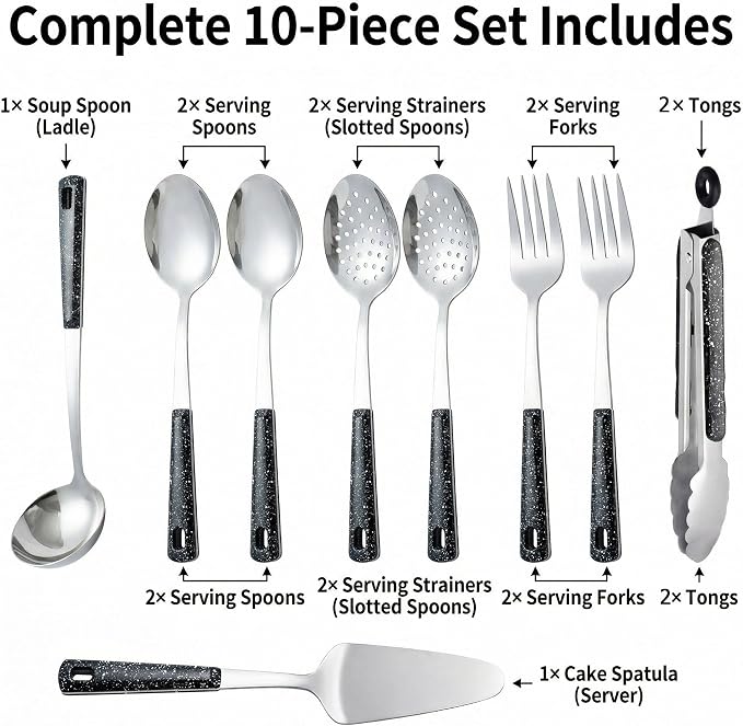 Stainless Steel Metal Serving Utensils - Set of Serving Spoons,Slotted Spoons, and Serving Tongs.serving fork,cake server