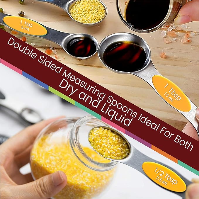 Magnetic Measuring Spoons Set of 9 Stainless Steel Dual-Sided Stackable Measuring Spoon Nesting Teaspoons Measuring Dry and Liquid Ingredients, Fits in Spice Jars Set of 9 (Orange)