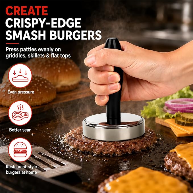 Meat Pounder Tenderizer, Solid Stainless Steel Meat Flattener & Smash Burger Press, Heavy-Duty Round Base Flattens Chicken, Steak, Pork Chops, and Smash Burgers with Less Effort