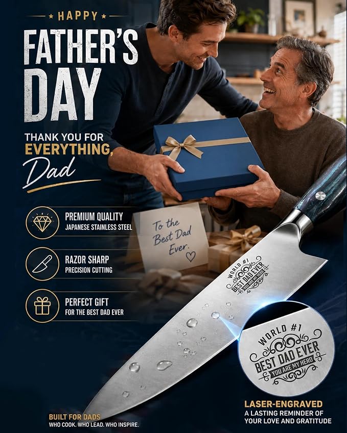 Huusk Fathers Day Gift Idea for Dad - 8" Chef Knife for Kitchen - Birthday Gift Idea for Dads - Best Dad Ever - Stainless Kitchen Knife with Resin Handle, Full Tang Cooking Knives
