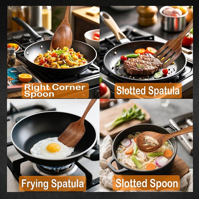 Wooden Spoons for Cooking, 4 Piece Teak Cooking Utensils Set | Natural Premium Teak, Large Kitchen Wooden Spoons, Cooking Gifts