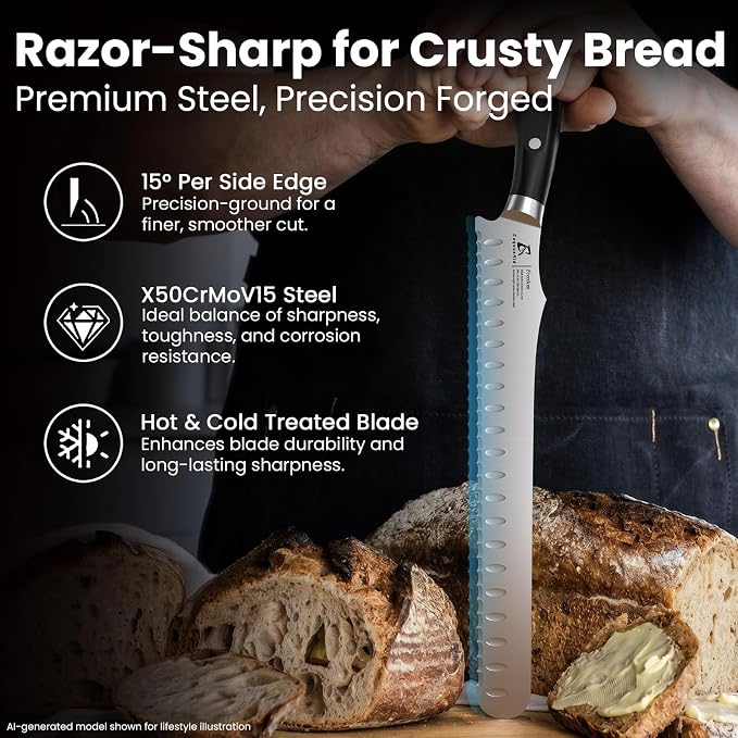 CoquusAid Bread Knife for Homemade Bread, 10.6 Inch Multifunction Serrated Knife, Razor Sharp Slicer, High Carbon German Steel Bread Cutter, Ergonomic Handle for Sourdough Turkey Fruit Cutting, Gift