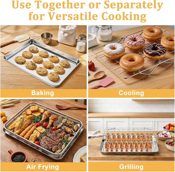 E-far Air Fryer Basket for Oven, Large Stainless Steel Baking Sheet Pan and Crisper Tray with Collapsible Cooling Rack & 38 Skewers for Oven Cooking Air Frying Roasting Grilling, Dishwasher Safe