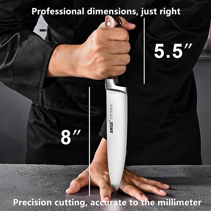 8 Inch Chef Knife German 7Cr17MoV Carbon Steel Full Tang Pakkawood | German 7Cr17MoV steel + full tang construction + 15° razor edge + ergonomic pakkawood handle. For slicing, dicing, chopping