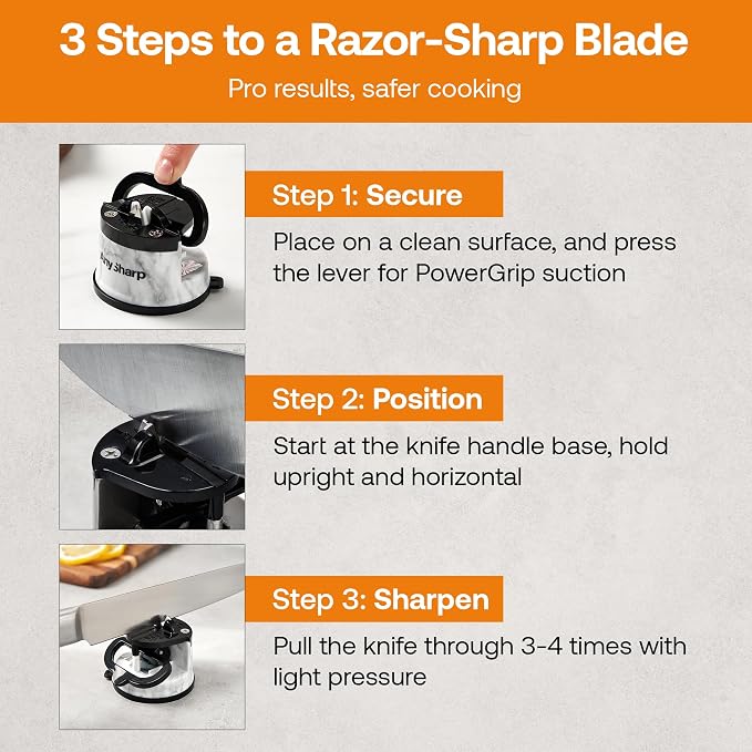 AnySharp – Editions – Hands Free Knife Sharpener - Easy to Use Sharpening Tool w/PowerGrip Suction Base and 20-Degree Pre-Set Angle - for All Knives: Chef's, Serrated, Hardened Steel - White Marble